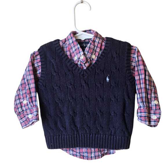 Ralph Lauren Baby Boy Vest Button Down Shirt Size 12 M Plaid Long Sleeve Navy - Picture 1 of 7